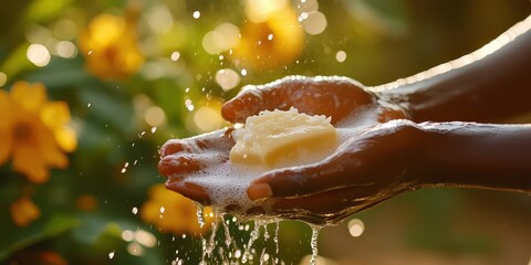 Fototapeta premium Person washing hands with soap surrounded by flowers in natural light