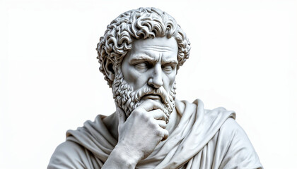 Obraz premium Marble statue of a Greek philosopher pondering, isolated on white, ideal for artistic themes.