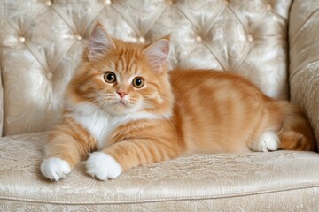 Obraz premium Charming Orange Tabby Cat Relaxing on Elegant Upholstered Sofa in Cozy Indoor Setting