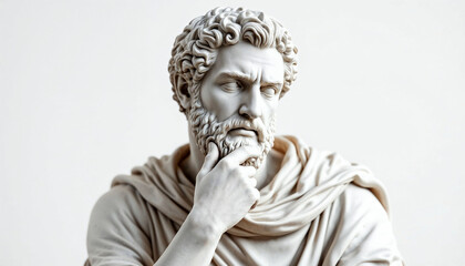 Obraz premium Marble statue of a Greek philosopher pondering, isolated on white, ideal for artistic themes.