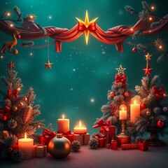 Christmas Themed Illustrations and Decorations with Festive Trees, Cozy Homes, Santa Figures, Ornaments, and Winter Holiday Scenes