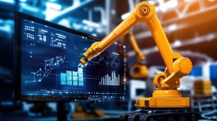 Naklejka premium Industrial Robot Arm Analyzing Data on Modern Screen Display