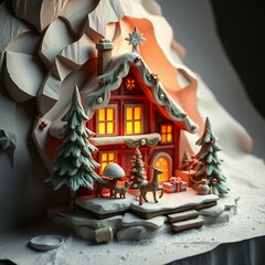 Christmas Themed Illustrations and Decorations with Festive Trees, Cozy Homes, Santa Figures, Ornaments, and Winter Holiday Scenes