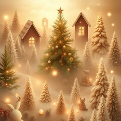 Christmas Themed Illustrations and Decorations with Festive Trees, Cozy Homes, Santa Figures, Ornaments, and Winter Holiday Scenes