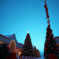 Christmas Themed Illustrations and Decorations with Festive Trees, Cozy Homes, Santa Figures, Ornaments, and Winter Holiday Scenes