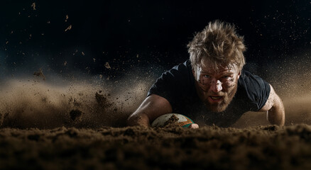 Rugby player in black uniform makes a powerful play on muddy ground during an intense match at a training session