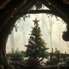 Christmas Themed Illustrations and Decorations with Festive Trees, Cozy Homes, Santa Figures, Ornaments, and Winter Holiday Scenes