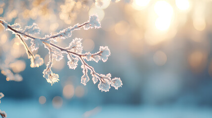 Icy Icicles Hanging from Frost-Covered Branch in Soft Morning Sunlight  

