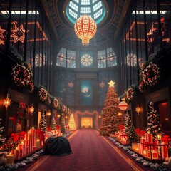 Christmas Themed Illustrations and Decorations with Festive Trees, Cozy Homes, Santa Figures, Ornaments, and Winter Holiday Scenes