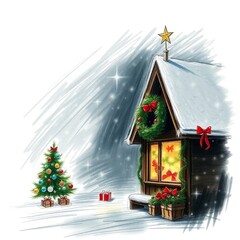 Christmas Themed Illustrations and Decorations with Festive Trees, Cozy Homes, Santa Figures, Ornaments, and Winter Holiday Scenes
