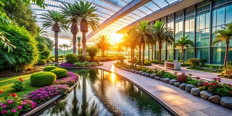 Naklejka premium Stunning Qatar Airport Garden Oasis: Lush Greenery, Tranquil Escape, Travel Photography
