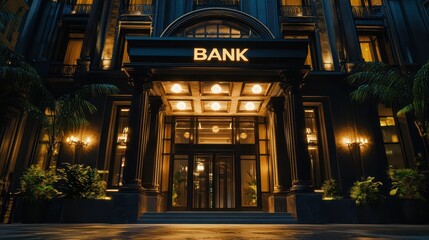 Obraz premium Modern bank building entrance at night with elegant architectural details