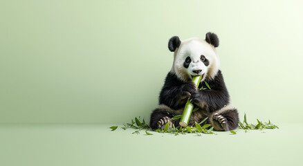 Obraz premium Panda enjoying bamboo while surrounded by greenery in a relaxed setting