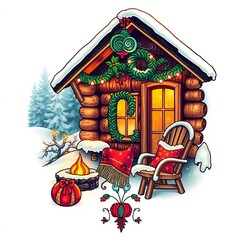 Christmas Themed Illustrations and Decorations with Festive Trees, Cozy Homes, Santa Figures, Ornaments, and Winter Holiday Scenes