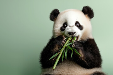 Obraz premium Panda sitting upright and enjoying bamboo against a soft green backdrop in a tranquil setting
