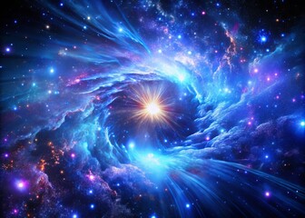 Naklejka premium Cosmic Nebula Explosion: Blue Purple Starfield, Glowing Celestial Dust, Worm's Eye View Galaxy