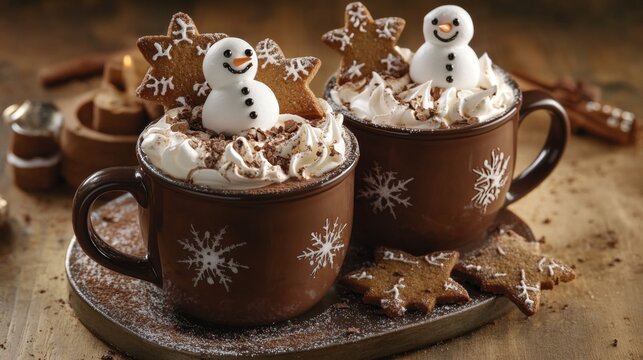 Festive hot chocolate with snowman marshmallows and decorative gingerbread cookies
