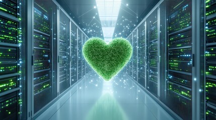 green heart symbolizing sustainability and technology in a futuristic server room with a light background