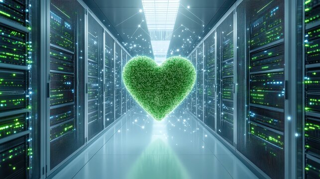 green heart symbolizing sustainability and technology in a futuristic server room with a light background - Powered by Adobe