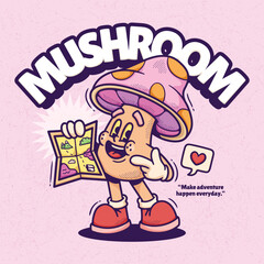 Mushroom Cute Trendy Retro Cartoon Vector Hand Drawn 