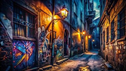 Fototapeta premium Dark Alley Night Photography, Grunge Wall Graffiti, Decadent Old Town, Narrow Corner 