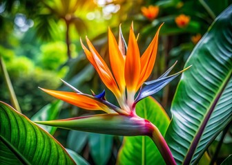 Stunning Strelizia Surrounded by Lush Green Foliage in a Beautiful Garden Setting Emphasizing Natural Beauty and Vibrant Colors in a Rule of Thirds Composition