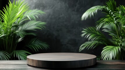 Fototapeta premium Round Wooden Display Plate Surrounded by Lush Green Tropical Plants