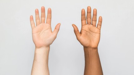 Contrasting Human Hands Representing Diversity in Skin Tone and Ethnicity Against Neutral Background