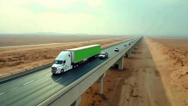 Aerial View of White Truck with Green Screen Trailer on Bridge Through Desert Highway - Transportation and Logistics Motion Background for Commercial Production