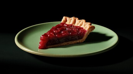 Cherry pie slice on green plate with dramatic lighting on dark background