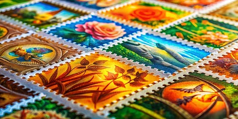 Fototapeta premium Hot Off The Press: Vibrant New Stamps, Postal Service, Philately, Collector's Items 