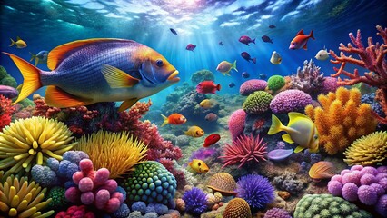 Stunning Underwater Ocean Scene: Deep Sea Exploration, Coral Reefs, Marine Life Photography
