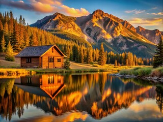 Obraz premium Idaho Cabin Sunset Photography: Mountain View, Rustic Home, Reflective Lake, Peaceful Landscape, Countryside Retreat
