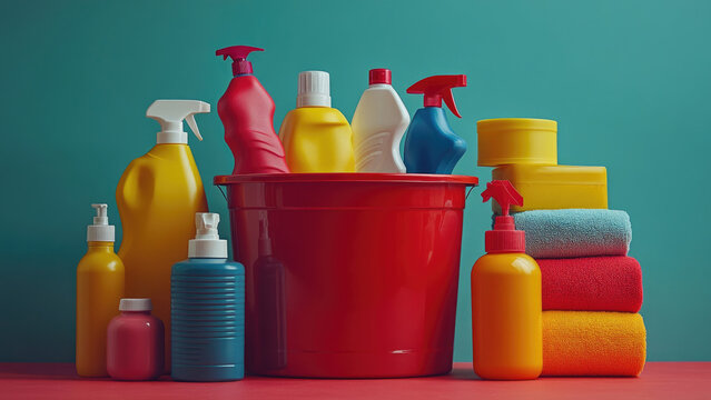 Colorful Cleaning Supplies in Blue Bucket on Turquoise Background