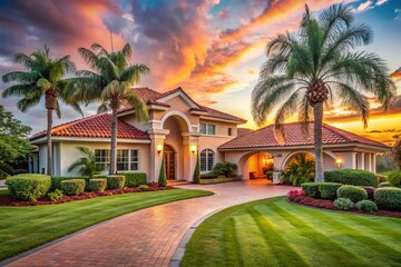 Fototapeta premium Mediterranean Villa, Red Tile Roof, White Trim, Lush Lawn, Palm Trees, Grand Driveway, Sunny Day, Architectural Photography