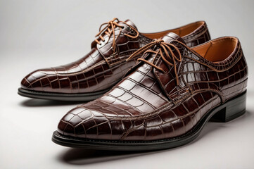 Elegant brown crocodile leather shoes displayed on a neutral background