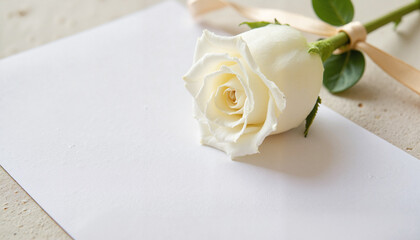 Fototapeta premium White rose and blank card with ribbon on a textured surface and copy space, wedding ceremony