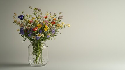 Fototapeta premium A clear glass flower vase with multicolored wildflowers on a smooth light gray background