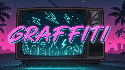 Neon Nostalgia An old monitor bathes in the glow of retro neon hues as graffiti text bursts forth in radiant pinks and cyans interspersed with stylized lightning bolts and abstract - Powered by Adobe