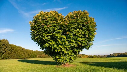 Fototapeta premium Heart-Shaped Tree Canopy Illuminated by Golden Light in a Romantic Meadow Setting