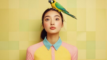 Surprised woman with parrot on head against yellow checkered background