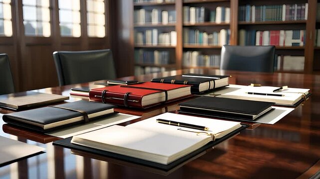 Elegant Conference Room with Notebooks, Pens, and Documents on Wooden Table in Library Setting

