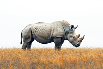 Fototapeta premium Ancient Rhino Grazing on Savanna with White Background