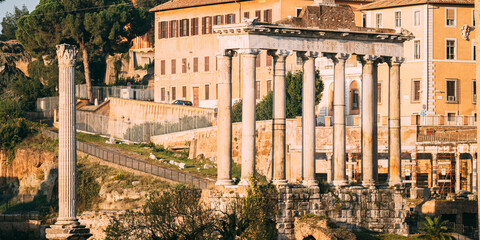 Rome, Italy. Column Of Phocas And The Temple Of Saturn. Colonna Di Foca And Tempio Di Saturno. The...