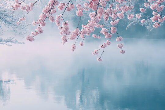A serene morning fog over a lake, the water barely visible beneath the mist.