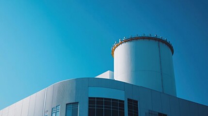A close-up of an SMR small nuclear power plant, showcasing its innovative modular reactor design and clean, high-tech exterior, framed by a clear blue sky