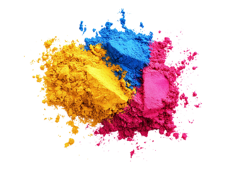 A vibrant spread of colorful Gulal powders, representing the festive hues of Holi, isolated on a transparent background.