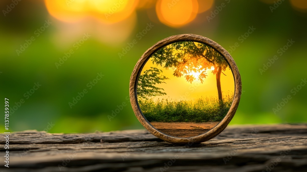 Canvas Prints A circular frame reveals a picturesque scene of a sunset behind a tree, surrounded by lush greenery, This serene image can be used for environmental themes, nature conservation, or relaxation content