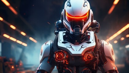 Fototapeta premium Cybernetic Warrior: Futuristic soldier in a sleek, white and red exosuit, illuminated by neon lights, stands ready for battle. The image evokes themes of science fiction, technology, and combat. 