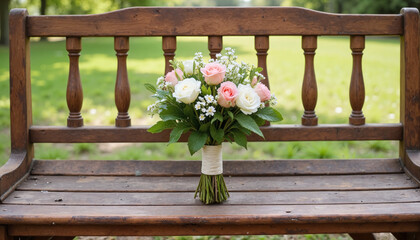Beautiful bouquet of flowers on a wooden bench in a garden with copy space, wedding ceremony